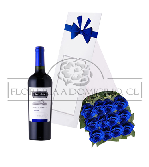 Caja 12 Rosas Azules + Vino 750cc